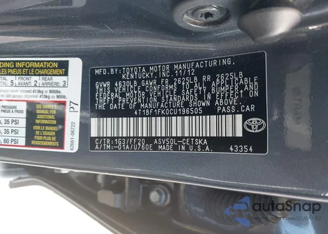 2012 Toyota Camry Se из США, поврежденный, VIN 4T1BF1FK0CU196505